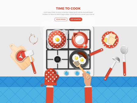 Top view cooking poster of different kitchenware and some food like fried eggs or raw steak vector illustrationのイラスト素材