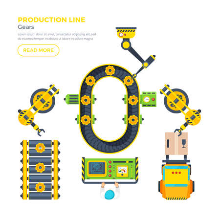 Gear production line with control panel conveyor system and automatic tools top view flat poster vector illustrationのイラスト素材