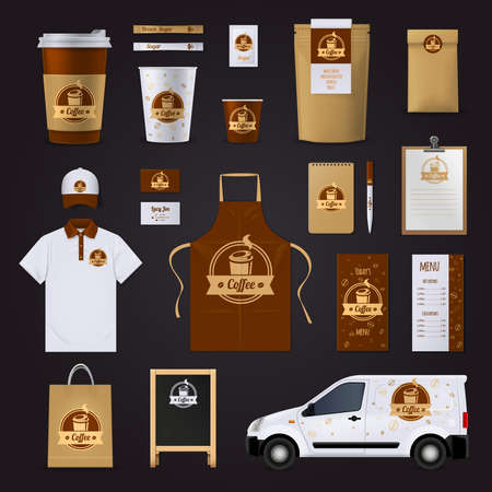 Coffee corporate identity design for cafe with uniform car menu glasses in brown and white colors isolated on black background flat vector illustrationのイラスト素材