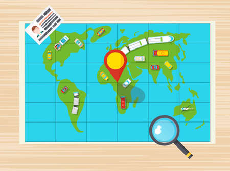 Driver license magnifier and global map with different transports on it top view poster flat vector illustrationのイラスト素材