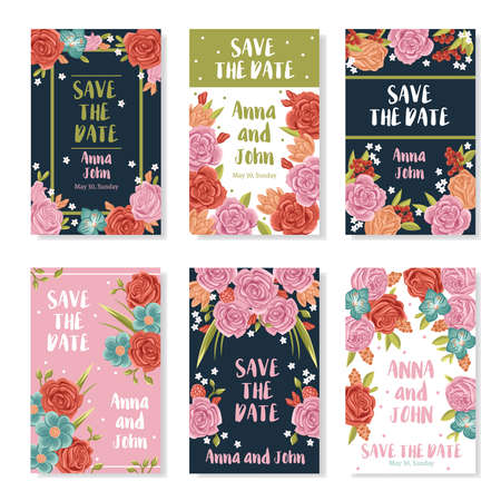 Wedding invitation banners with roses bouquet ornament save the date text and names of bride and groom flat vector illustrationのイラスト素材