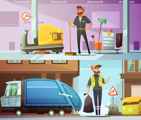 Professional cleaning and garbage collecting service at work 2 horizontal cartoon banners set abstract isolated vector illustrationのイラスト素材