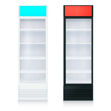 Upright empty fridges template with glass door and shelves on white background isolated vector illustrationのイラスト素材