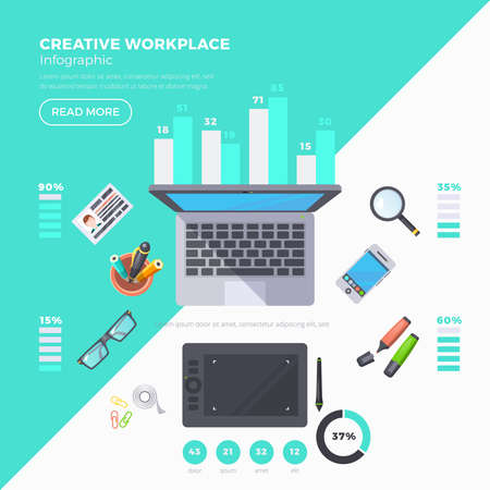 Workplace objects infographic set with percentage and statistics flat vector illustrationのイラスト素材