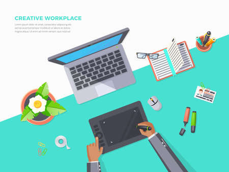 Flat poster of top view creative workplace office with notebook graphics tablet plant and stationery vector illustrationのイラスト素材