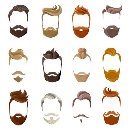 Colorful male silhouette faces with hispter beard and hair styles isolated on white background flat vector illustrationのイラスト素材