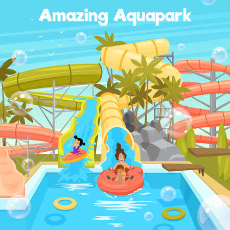 Aquapark poster template with water pool slides pipes cheerful family and children in flat style vector illustrationのイラスト素材