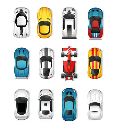 Sport Cars Top View Icons Set. Racing Cars Isolated Vector Illustration. Rally Cars Design Set. Sport Cars Cartoon Decorative Set.のイラスト素材