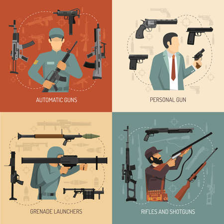 Armed men with weapons guns grenade launchers and pistols 2x2 flat design concept isolated vector...