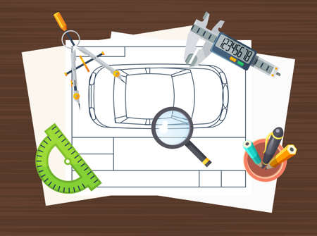 Top view poster of car production line element with drawing scheme special tools and stationery flat vector illustrationのイラスト素材