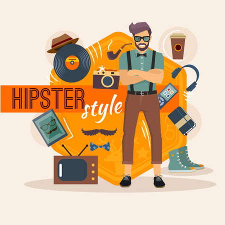 Hipster character pack for geek man with fashion accessory and objects vector illustration