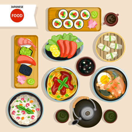 Japanese Food Top View Set. Japanese Food Vector Illustration. Japanese Food Cartoon Symbols. Japanese Food Design Set.  Japanese Food Isolated Set.のイラスト素材
