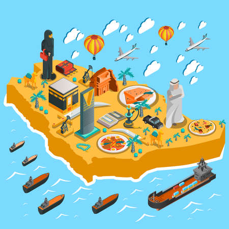 Saudi Arabia isometric map template with colorful icons and elements in flat style isolated vector illustrationのイラスト素材