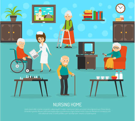 Gerontology nursing flat poster with personal skilled assistant aid  in old people home flat poster abstract vector illustrationのイラスト素材