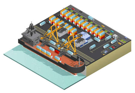 Heavy dry-cargo ship loading with containers by two stationary cranes in port isometric vector illustrationのイラスト素材
