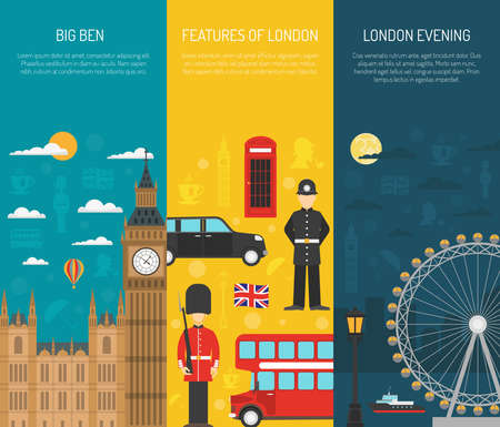 London visitors sightseeing attractions with night thames river 3 vertical flat banners set abstract isolated vector illustrationのイラスト素材