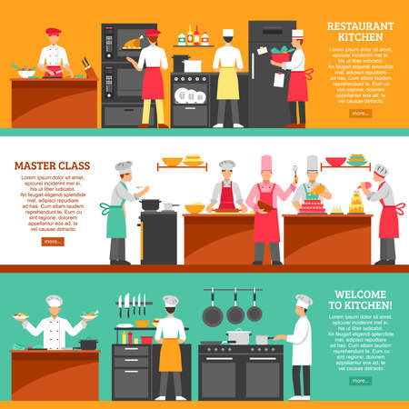 Professional cooking horizontal banners set with restaurant kitchen and master class compositions flat vector illustrationのイラスト素材