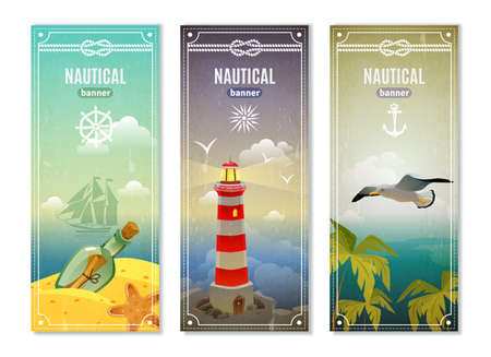 Retro sea nautical vertical banners with  lighthouse seagull message in empty bottle decorative elements collection vector illustrationのイラスト素材