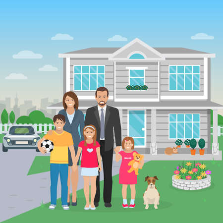 Color flat illustration big happy family with dog in the yard vector illustrationのイラスト素材