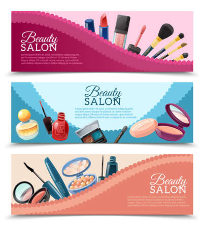 Beauty salon advertisement 3 horizontal banners set with cosmetics and make-up accessories realistic isolated vector illustrationのイラスト素材