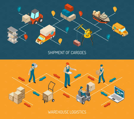 Logistics 2 horizontal isometric with cargo delivery chain and warehouse storage flowchart design abstract isolated vector illustrationのイラスト素材