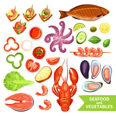 Icons set of seafood like fish and lobster and vegetables like tomato or pepper flat isolated vector illustrationのイラスト素材