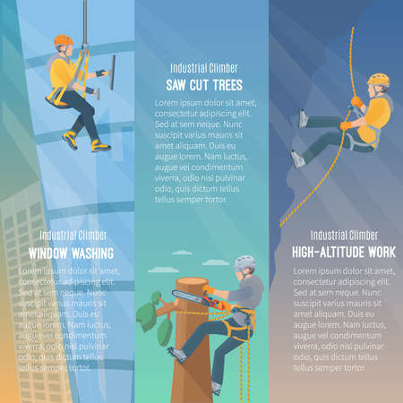 Color information vertical flat banners showing the need  for industrial climbing window washing cut trees high-altitude work vector illustrationのイラスト素材