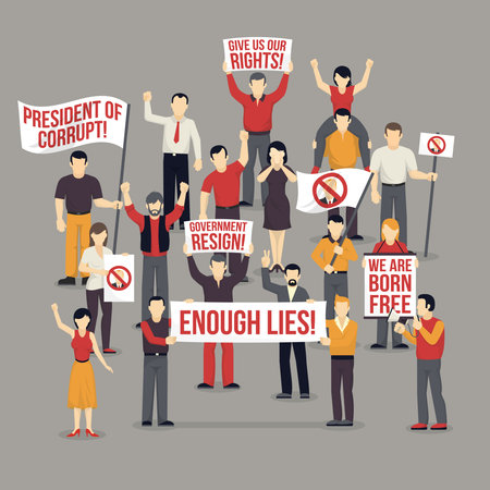Crowd protesting people composition with expressive demanding men women with flags placards on grey background vector illustrationのイラスト素材