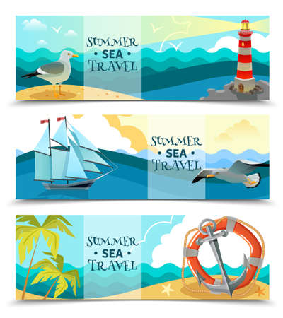 Nautical horizontal banners set of sea background with sailboat life ring palm trees on uninhabited island design elements flat vector illustrationのイラスト素材