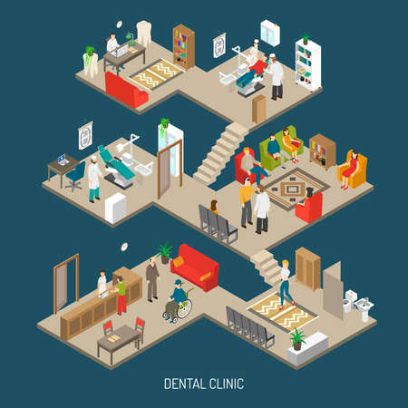 Dental practice clinic building isometric composition poster with operation room  doctor office and reception abstract vector illustrationのイラスト素材