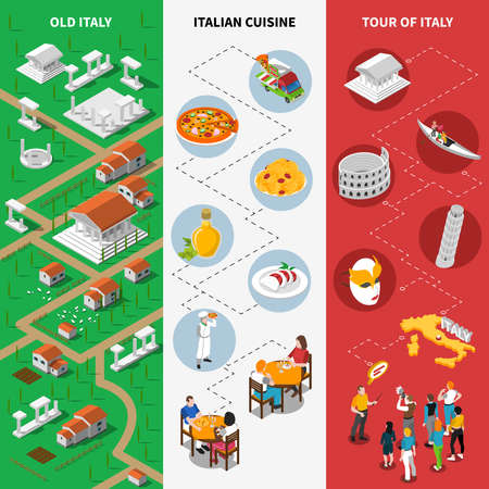 Italy tourists attractions isometric pictorial guide 3 vertical banners with national flag background poster abstract vector illustrationのイラスト素材