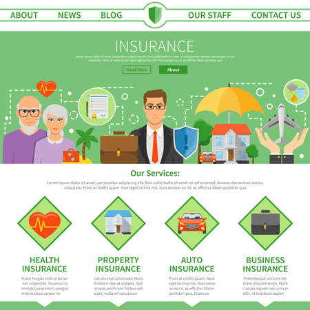 Insurance company services one page site design with policy specifications and flat icons symbols abstract vector illustrationのイラスト素材