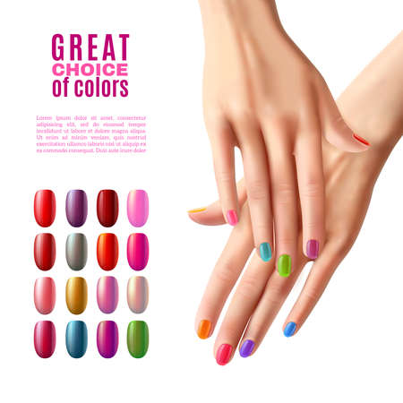 Manicure advertisement poster with choice of colorful false acrylic nails in modern polish shades realistic vector illustrationのイラスト素材