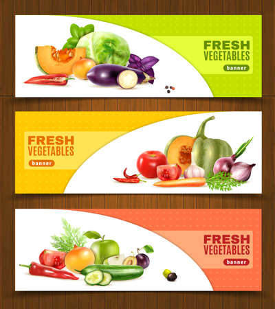 Three horizontal banners with colorful compositions of whole and chopped fresh vegetables and fruits in realistic style vector llustrationのイラスト素材