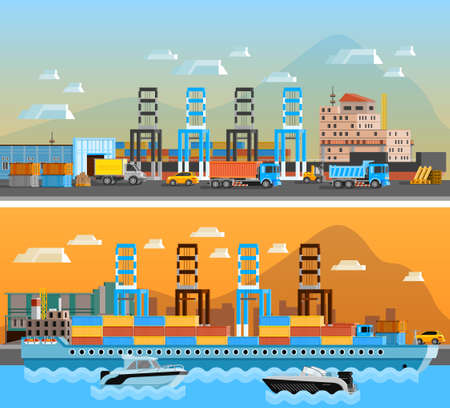 Two freight port horizontal banners with dry cargo ship at shipyard and port of loading and unloading with trucks flat vector illustrationのイラスト素材
