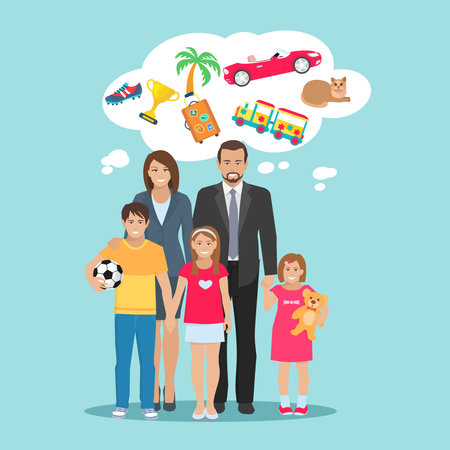 Flat illustration of dreams all family members parents and children vector illustrationのイラスト素材