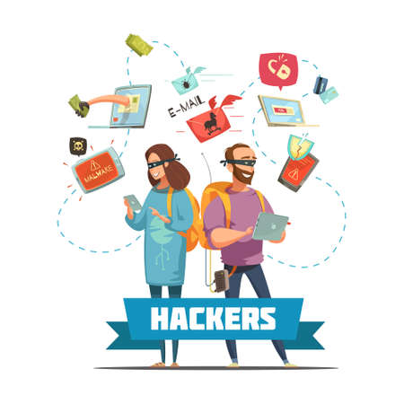 Cyber criminal hackers at work stealing  passwords information and bank account access retro cartoon poster vector illustrationのイラスト素材