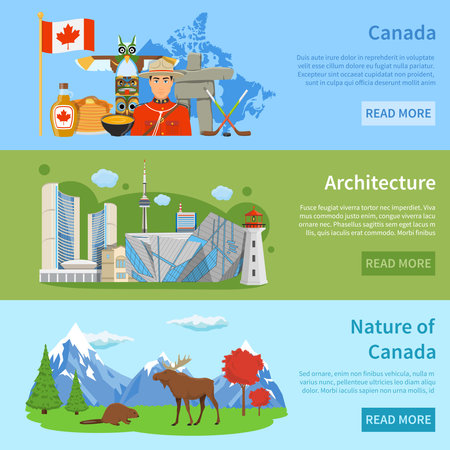 Canadian culture architecture nature and landmarks for travelers 3 flat horizontal banners webpage design isolated vector illustrationのイラスト素材
