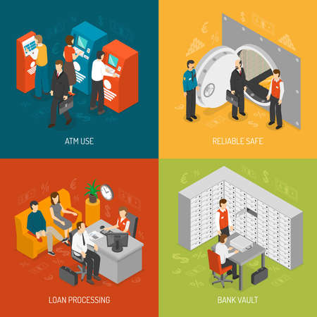 Bank Isometric Concept. Bank Icons Set. Bank Vector Illustration. Bank Office Symbols. Bank Design Set. Bank Elements Collection.のイラスト素材