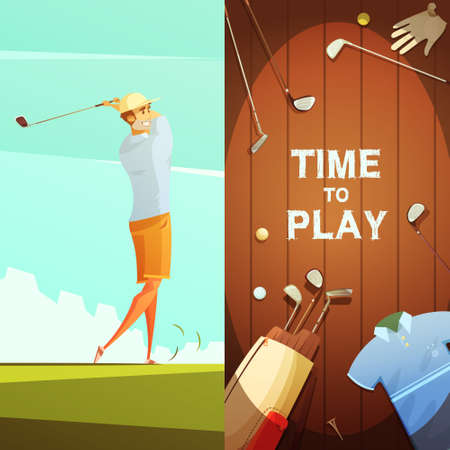 Time to play 2 retro cartoon banners with golf equipment composition and player on course isolated vector illustrationのイラスト素材