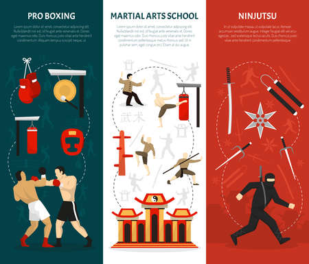 Martial arts vertical banners set with ninja edged weapon chinese temple combat training boxing isolated vector illustrationのイラスト素材