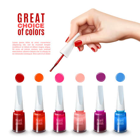 Best choice of new tints nail polish colors with beautiful hand holding brush advertisement poster realistic vector illustrationのイラスト素材