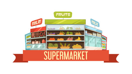 Supermarket display stand retro composition poster with dairy products and fruits shelves racks cartoon vector illustrationのイラスト素材