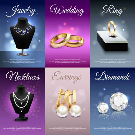 Colorful jewelry realistic banners with necklaces rings earrings diamonds bokeh and light effects isolated vector illustrationのイラスト素材