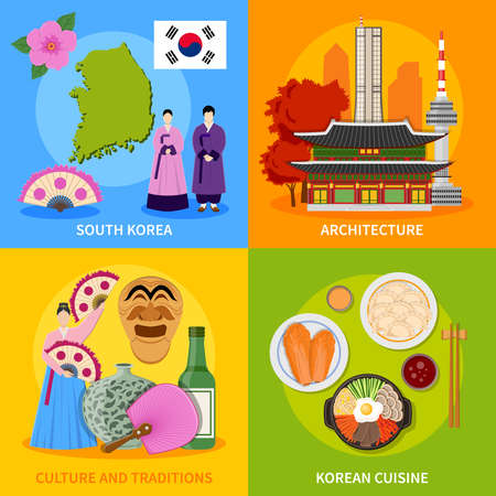Korean culture traditions symbols cuisine map and landmarks 4 flat icons square poster abstract vector isolated illustrationのイラスト素材
