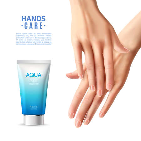 Hand care moisturizing anti age cream for women advertisement realistic informative poster with beautiful fingers vector illustrationのイラスト素材