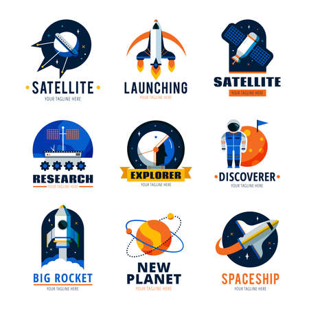 Space logo emblems set  with satellite ship and new planet discoverer vector illustrationのイラスト素材