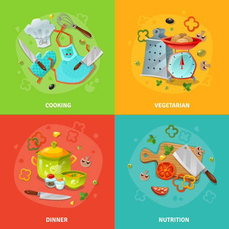 Cooking 2x2 design concept set of chef clothes and tools kitchen utensil with scales  and grater and dining table composition flat vector illustrationのイラスト素材