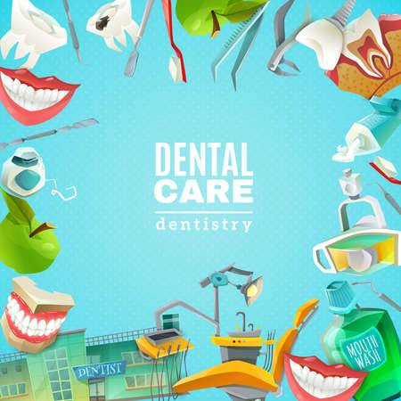 Complete mouth care dentals clinics comprehensive flat square frame background poster abstract decorative vector illustrationのイラスト素材