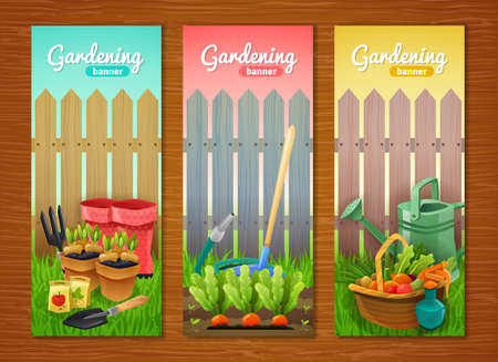 Colorful collection of gardening vertical banners with tools sprout in pots and garden beds and basket of harvest at wooden fence background flat vector illustrationのイラスト素材